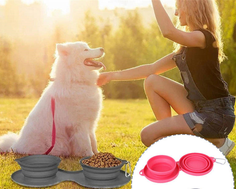Tazón portátil doble plegable de goma para mascotas